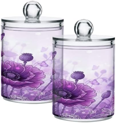 ALAZA Beautiful Art Poppy Flower Butterfly 2 Pack Qtip Holder Dispenser for Cotton Swabs, Balls, Pads, Floss 10 oz Plastic Canister Organizer