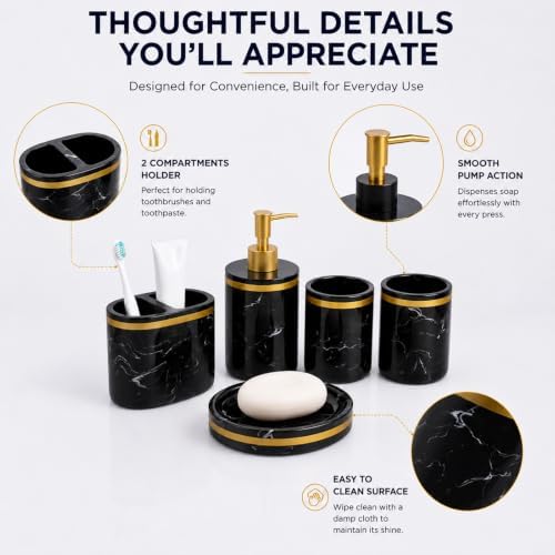 5-Piece Bathroom Counter Top Accessory Set - Dispenser for Liquid Soap or Lotion, Soap Dish, 2 Tumblers and Toothbrush Holder, Marble Pattern Resin (Classic Black)