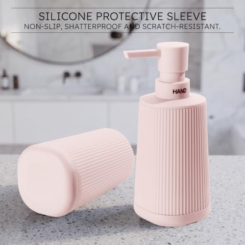 Pink Bathroom Soap Dispenser and Toothbrush Holder Set with Non-Slip Base