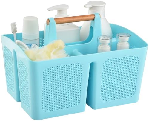 ALINK Portable Shower Caddy Basket with Compartments, Plastic Divided Cleaning Caddy Organizer Storage Tote with Handle for Bathroom, College, Dorm Room Essentials - Blue