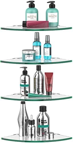 4 Pack Glass Corner Shower Shelf Bathroom Corner Shelves Wall Mounted Tempered Glass Shower Caddy Corner Shelf for Inside Tile Shower Organizer Shampoo Bottle Holder 9.4" R