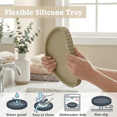 Silicone Bathroom Vanity Tray, Modern Round Decorative Tray for Countertop, Waterproof & Unbreakable Cosmetic Perfume Organizer, Extra-Thick & Sturdy, Easy to Clean Candle Tray (Khaki, 10 inch)