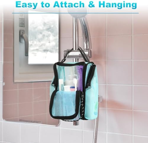 Cosmos Mesh Shower Caddy Toiletry Organizer Hanging Shower Tote Bag, Quick Dry Shower Organizer Portable Bath Bag with Durable Zippers & Side Pockets for Travel Gym Swimming Beach & Camp (Aqua Blue)