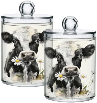 Watercolor Cow Qtip Holder 2 Pack - 10 Oz Clear Plastic Apothecary Jar Set for Bathroom Organization - Versatile Canister Storage for Cotton Balls, Swabs, Rounds