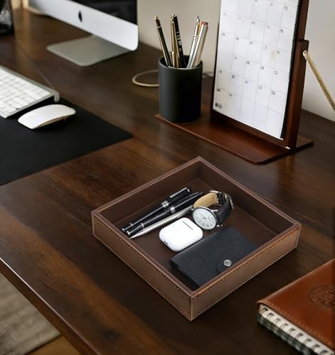 HofferRuffer Faux Leather Vanity Tray, Elegant Desktop Storage Organizer, Decorative Catchall for Perfume, Bathroom Valet, Nightstand or Dresser, 8 x 8 x 1.8 inches (Brown)