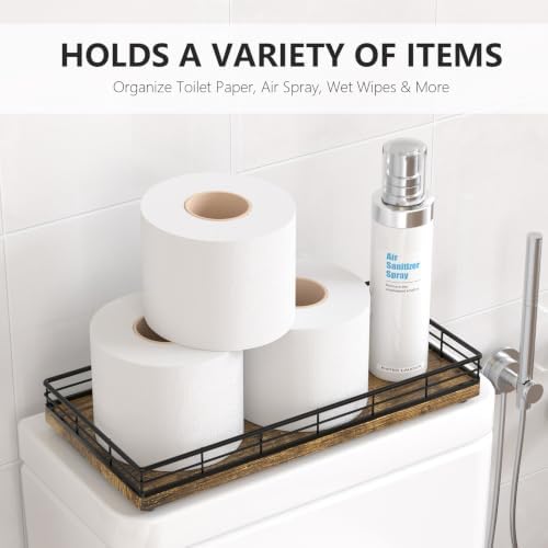 Toilet Paper Basket Organizer, Wood Toilet Tank Tray with Metal Frame