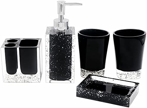 Resin Soap Dish, Soap Dispenser, Toothbrush Holder & Tumbler Bathroom Accessory 5 Piece Set (Black)