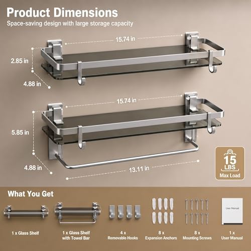 VOLPONE Glass Bathroom Shelf 15.7 in Bathroom Wall Shelf with Towel Holder Tempered Glass Shelf Wall Mount with 2 Removable Hooks Silver（1 Tier）