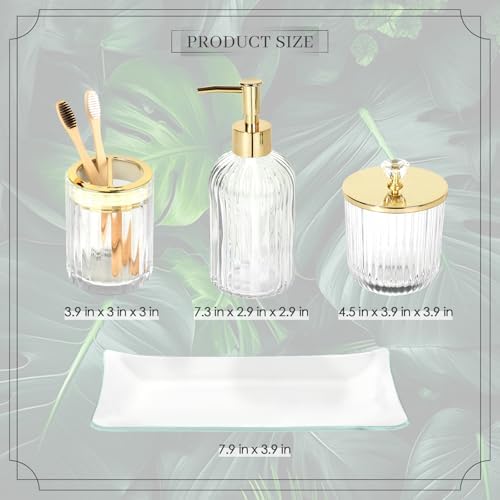 Designer Clear Glass Bathroom Accessories Sets - 4 Pcs with Lotion Soap Dispenser, Bathroom Toothbrush Holder, Vanity Tray, and Apothecary Jar, Vintage Bathroom Decor, Gift Countertop Organizer