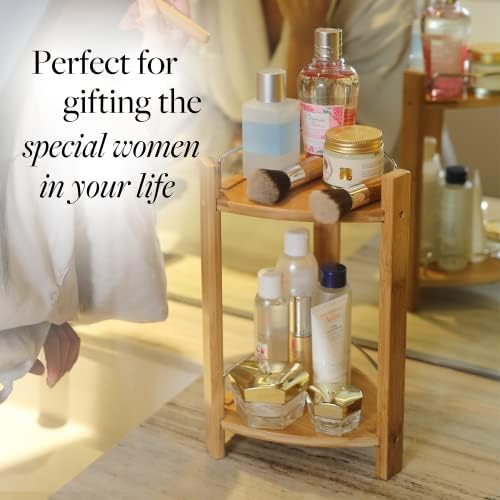 GOBAM Bamboo Shower Corner Caddy, Medium - 2 Tier Bathroom Organizer Countertop for Shampoo, Conditioner, Lotion, Soap - Standing Shower Stand for Kitchen, Bedroom, or Office