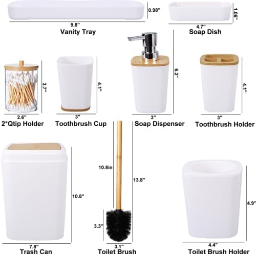 White Bathroom Accessories Set, 9 Piece Bathroom Accessory Set with Trash Can,Toothbrush Holder,Toothbrush Cup,Lotion Soap Dispenser,Vanity Tray,Soap Dish,Toilet Brush,Qtip Holder