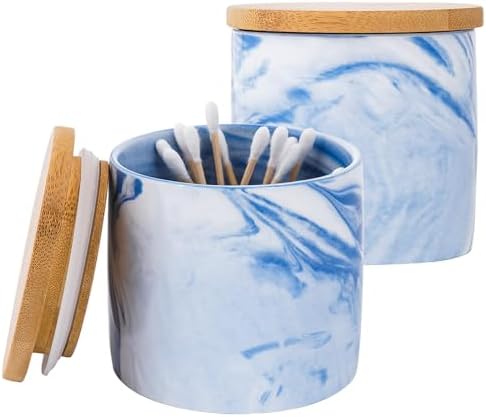 Blue Qtips Dispenser, Marble Cotton Ball Holder, Bathroom Storage Jars for Storage Cotton Swab, Round Pads, Floss Picks (2Pcs)