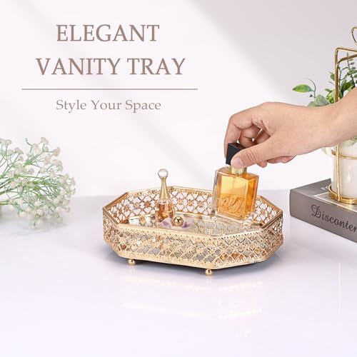 Hipiwe Gold Vanity Perfume Tray for Dresser, Glass & Hollow Carved Metal