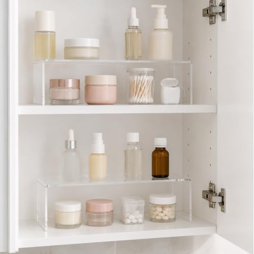 2 Pack Acrylic Medicine Cabinet Organizer, Narrow Bathroom Mirrior Cabinet Storage Shleves, Clear Acrylic Risers for Vanity, Kitchen & RV (11.34 x 2.95 x 3.66 in)