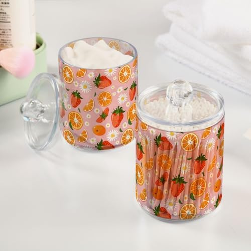 ALAZA 2pcs Strawberry Orange Fruit Daisy Flower Qtip Holder Dispenser 14 oz Bathroom Storage Clear Apothecary Jars Containers Cotton Ball,Cotton Rounds,Floss Picks, Hair Clips, Food