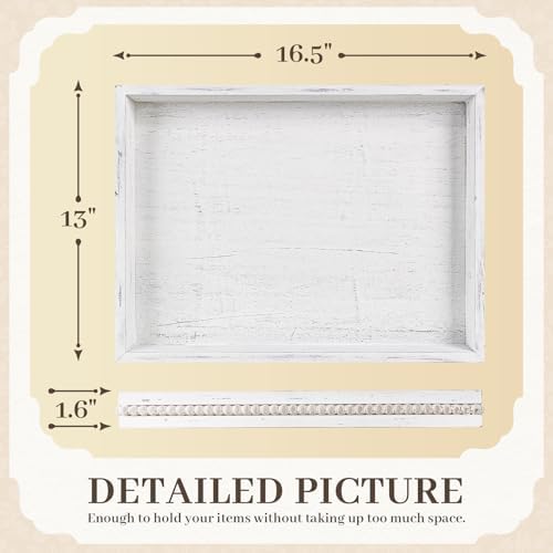Wooden Decorative Tray, Rectangular Serving Tray with Wood Bead, Farmhouse Big Tray for Ottoman, Countertop, Coffee Tabl, 16.5" x 13"x 1.6" (Retro White)