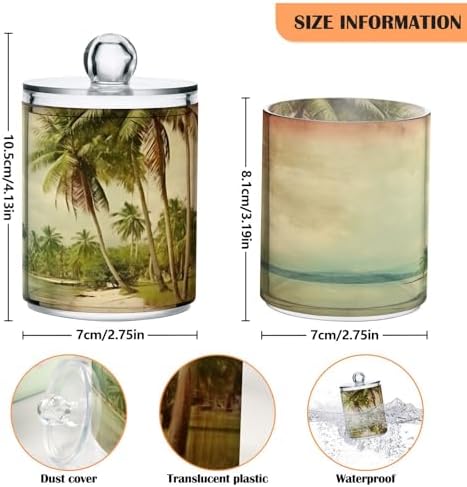 2 Pack Apothecary Jars Bathroom Vintage Palm Trees Qtip Holder Dispenser Clear Plastic Storage Canister Jar with Lid for Cotton Ball, Cotton Swab