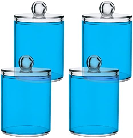 SHJI Sky Blue Qtip Holder Organizer Dispenser Cotton Swabs Cans Plastic Jars with Lid Set 2 Pack Bathroom Storage Canister for Cotton Ball Floss Cotton Pads