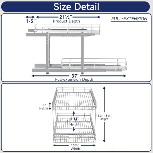 2-Tier Pull Out Cabinet Organizer, 15.5" W x 21.5" D, Heavy Duty Dual Slide Out Shelves for Base Cabinets, Chrome Wire Basket Drawer for Pantry, Kitchen & Bathroom Storage