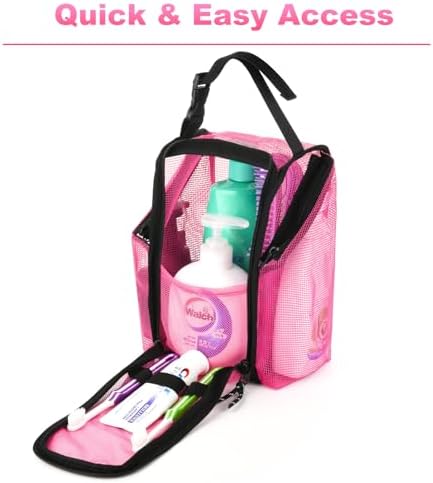Cosmos Mesh Shower Caddy Toiletry Organizer Hanging Shower Tote Bag, Quick Dry Shower Organizer Portable Bath Bag with Durable Zippers & Side Pockets for Travel Gym Swimming Beach & Camp (Hot Pink)