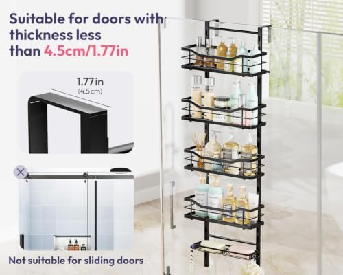 SWTYMIKI Over the Door Shower Caddy - 5 Tier Adjustable Shower Organizer Hanging with Soap Holder, No Drilling Stainless Steel Bathroom Rack Hanging for Body Wash, Shampoo, Soap, Razor, Black
