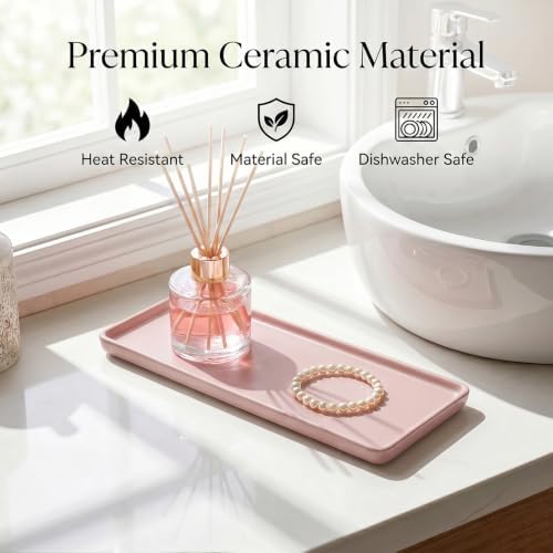 10″ x 3.5″ Ceramic Bathroom Vanity Tray, Rectangular Decorative Countertop Tray for Bathroom Kitchen, Ceramic Organizer Tray for Perfume, Candle, Jewelry, Cosmetics, Soap Dispenser, Pink