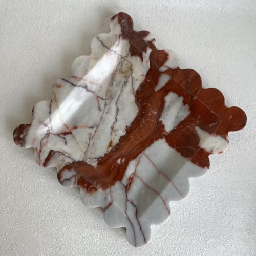 Vintage Natural Marble Tray Small Ornaments Scalloped Tray Handmade Storage Dish for Counter, Vanity, Dresser, Nightstand and Desk (Calacatta Red)