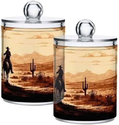 2 Pack Apothecary Jars Bathroom Vintage Western Cowboy Qtip Holder Dispenser Clear Plastic Storage Canister Jar with Lid for Cotton Ball, Cotton Swab