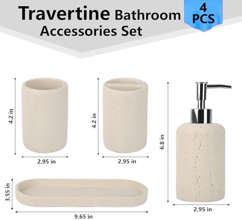Bathroom Accessories Set,4 Piece Travertine Stone Look Bathroom Accessory Set with Soap Dispenser,Toothbrush Holder,Vanity Tray,Tumbler,Bathroom Organizer for Modern Bathrooms