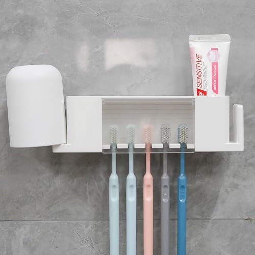 5 Slots Wall Mount Toothbrush Holder with Cover, Self Adhesive Toothbrush Storage Organizer for Shower, Toothpaste & Toothbrush Hanger for Bathroom, Medicine Cabinet, Dorm (White Large)