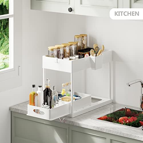 Under Sink Organizers and Storage | Bathroom Cabinet Organizer, Sink Shelf with Utility Hooks and Side Caddy for Under Cabinet Storage | White (1-Pack) Under Kitchen Sink Organizer with Sliding Drawer