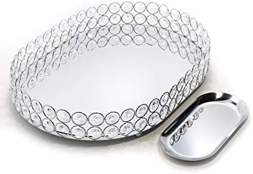 Crystal Vanity Tray Decorative Mirrored Dresser Perfume Trays for Makeup Cosmetic Storage Jewelry Trinket Storage Organizer for Bathroom Countertop Home Décor (Oval, 14x10in, Silver)
