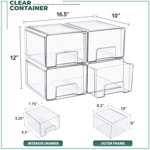 Sorbus Clear Stackable Storage Drawers with Handles (Large, 4 Pack)