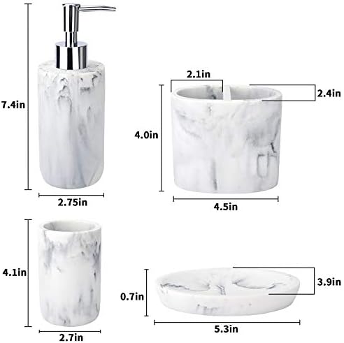 L'ARL GMVOI Bathroom Accessories Set,4 Pieces Marble Bathroom Vanity Countertop Accessory Set with Bathroom Toothbrush Holder Set,Soap Dispenser,Tumbler,Soap Dish for Bathroom Home Decor