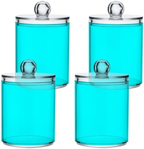 Gredecor 4 Pack Cyan Qtip Holder Organizer Dispenser Clear Bathroom Storage Canister Cotton Ball Holder Bathroom Containers for Cotton Swabs/Pads/Floss