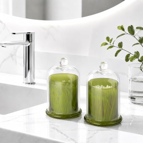 Qtip Holder Glass Apothecary Jars with Lids Bathroom Storage Green 2 Pack
