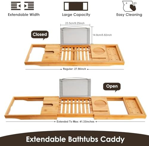KOCASO Bathtub Caddy Tray，Crafted Bamboo Bathtub Desk Caddy Tray Extendable Reading Rack Tablet Phone Holder Wine Glass Holder Shelf Desk for Bathroom Spa