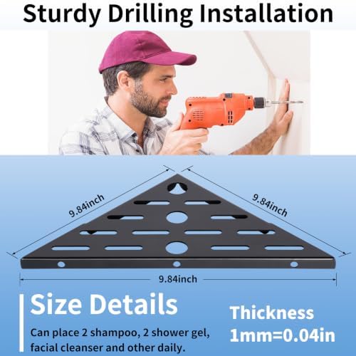 2Pack Corner Shower Shelf 10" 304 Steel 6Hooks 40Lb Duty Drill-Mount Black