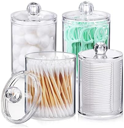 Cotton Pad, Cotton Buds Holder Dispenser for Cotton Ball, Swab, Round Pads, Floss - Clear Plastic Apothecary Jar Set Bathroom Canister Storage Organization, Vanity Makeup Organizer