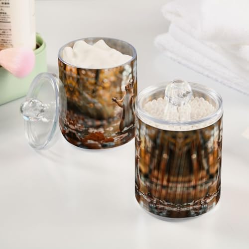 Dancing Squirrel Pattern Qtip Holder 4 Pack - 10 Oz Clear Plastic Apothecary Jar Set for Bathroom Organization - Versatile Canister Storage for Cotton Balls, Swabs, Rounds