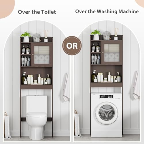 Nouva Over The Toilet Storage Cabinet - Glass Door Bathroom Shelf Storage Organizer with Adjustable Shelf Freestanding Toilet Rack Space Saver (Brown), AE453