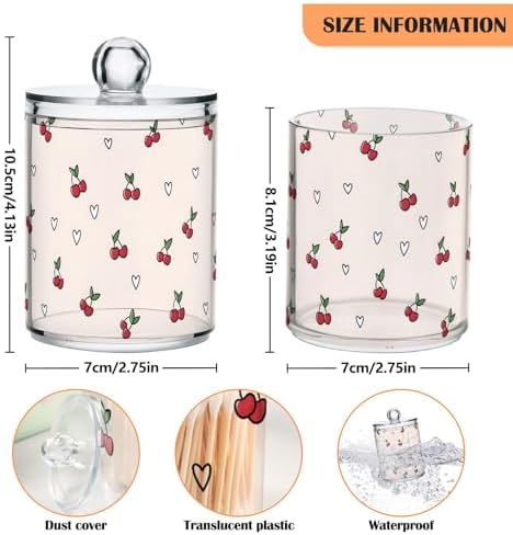 ALAZA 2 Pack Qtip Holder Cute Cherry Heart Pattern, Cotton Swab Dispenser with Lid Bathroom Containers Canister Organizer Storage Jar