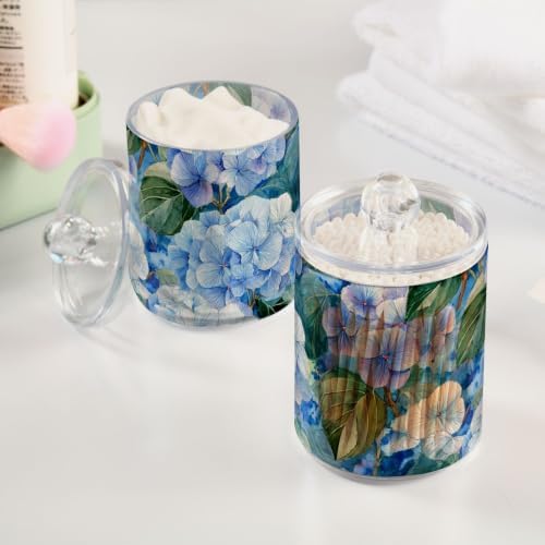 Fustylead 4 Pack Vibrant Watercolor Blue Hydrangea and Leaves Qtip Holder Dispensers, Plastic Apothecary Jar Bathroom Accessories Set for Cotton Ball, Swab, Round Pads, Floss