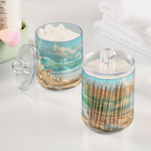 2 Pack Qtip Holder Organizer Dispenser Beach Sandcastles Seagulls Shells Bathroom Storage Canister Cotton Ball Holder Container for Cotton Pads/Swabs/Floss