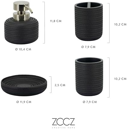 ZCCZ Black Bathroom Accessories Set 4 Pcs - Toothbrush Holder, Soap Dispenser, Vanity Tray, Tumbler - Countertop Organizer for Bathroom - Modern Accessory Set for Home Decor and Storage