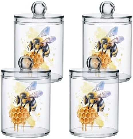 Fustylead 4 Pack Watercolor Bee on Honeycomb Plastic Apothecary Jars with Lid, Bathroom Vanity Storage Organizer Canister for Qtip, Cotton Ball, Swab, Round Pads, Floss