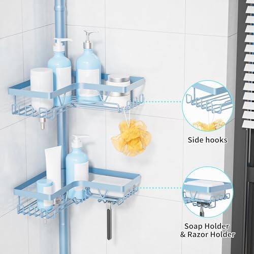 KEGII Shower Caddy Tension Pole, L-Shaped Corner Bathroom Organizer, Blue