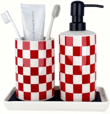 Bathroom Toothbrush Holder Set, Ceramic Soap Dispenser and Tooth Brush Holder Set, Bathroom Accessories Sets Countertop, Modern Red and White Checkered Bathroom Decor