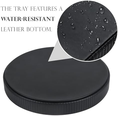 HofferRuffer Round Decorative Tray, Faux Leather Vanity Tray Decor, Decorative Catchall for Perfume, Bathroom Valet, Nightstand or Dresser (Black Stripe, Round-12" x 12" x 1.6")