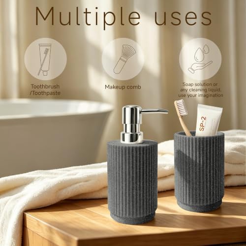 2Pcs Gray Bathroom Set, Striped Resin Soap & Toothbrush Holder, Boho